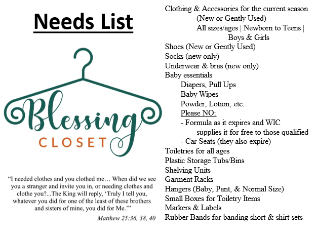 Blessing Closet – Needs List